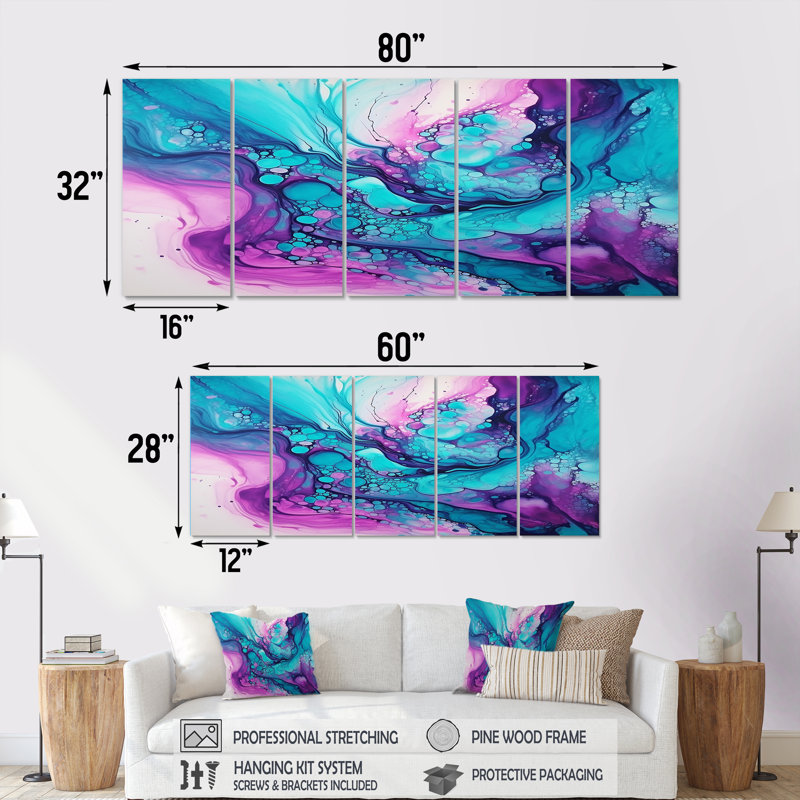 Encre liquide liquide, magenta mauve - ensemble d'art mural en marbre 5 pièces, H 28 po x l 60 po
