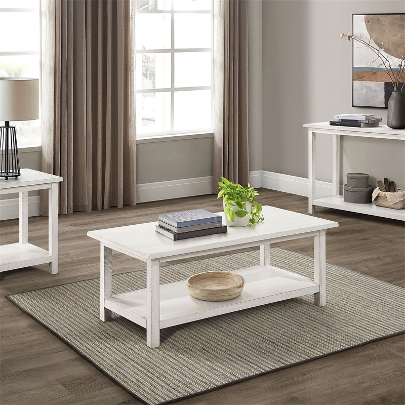 Table basse en bois blanc patiné avec tablette Castleton, Blanc antique