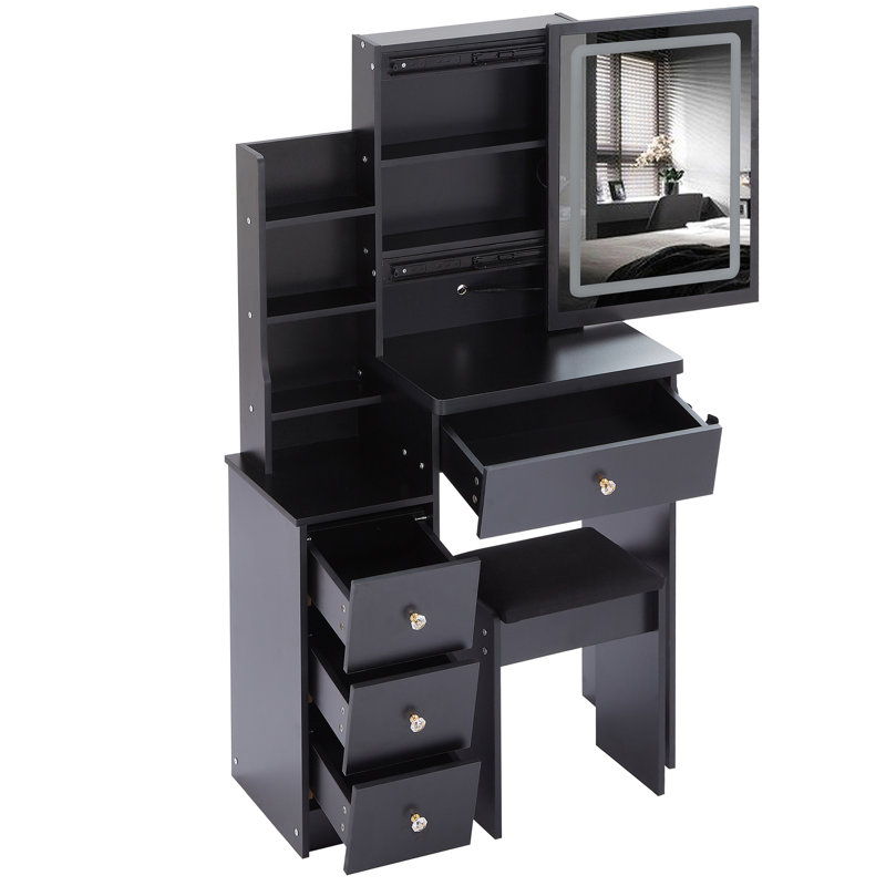 29.2" Small Size Left Bedside Cabinet Vanity Table + Cushioned Stool, 2 AC+2 USB Power Station, Hair Dryer Bracket, Extra Large Touch Control Sliding LED Mirror, Tri-Color Switching, Brightness Adjust