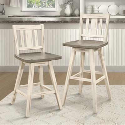 Ensemble de 2 chaises de hauteur de pub, chaise pivotante à 360 degrés gris et blanc patinée en bois d'hévéa massif, chaises de bar à dossier vertical à lattes