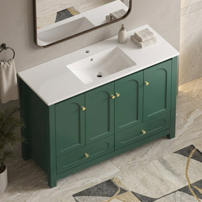 Ensemble de meuble-lavabo vert 48 po avec lavabo simple en résine, 4 portes à fermeture douce et 2 tiroirs