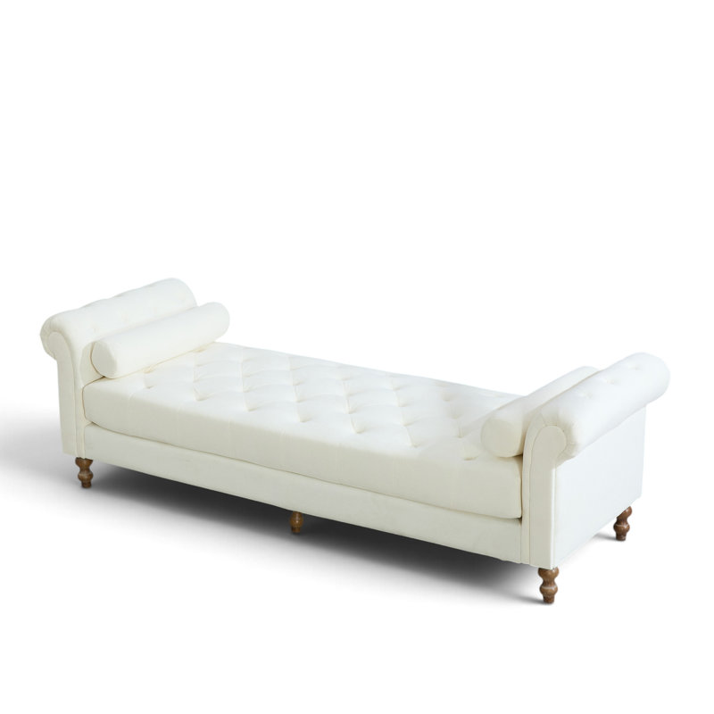 Banc rembourré 87 po avec accoudoirs roulés et 2 coussins, Beige