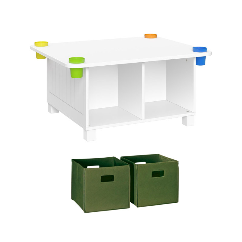 Bureau pour enfants RiverRidge et table d'activités artistiques avec 4 casiers de rangement et 4 tasses de rangement amovibles - blanc avec 2 bacs en tissu olive