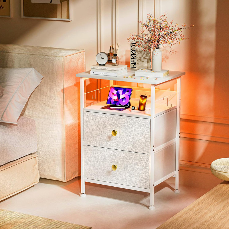 LED Nightstand With Charging Station, 2 Drawers And Open Shelves, Metal Frame And Wood Shelf, Multi-Functional Bedside Table For Bedroom, Living Room, Dorm