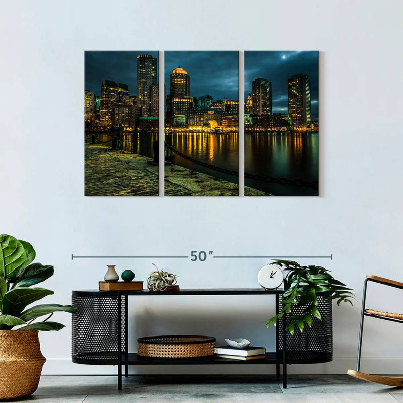 «Boston Skyline At Night», reproduction d'art sur toile, H 45 po x l 28 po x P 1,25 po