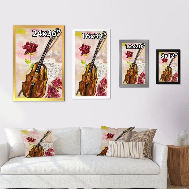Violon et roses - sur, Impression noire sur toile encadrée, H 20 po x l 12 po x P 1 po