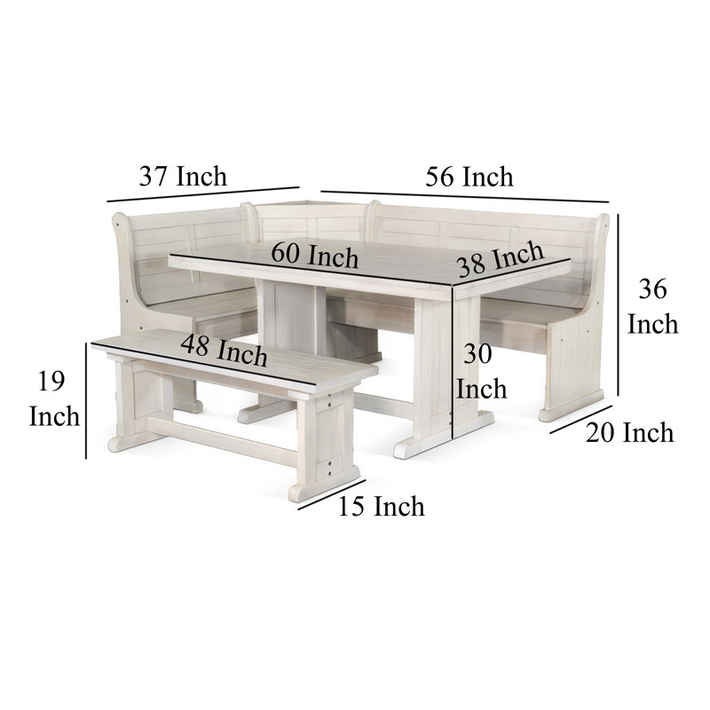 Sime 4Pc Breakfast Nook Set, Dining Table And Corner Bench, White