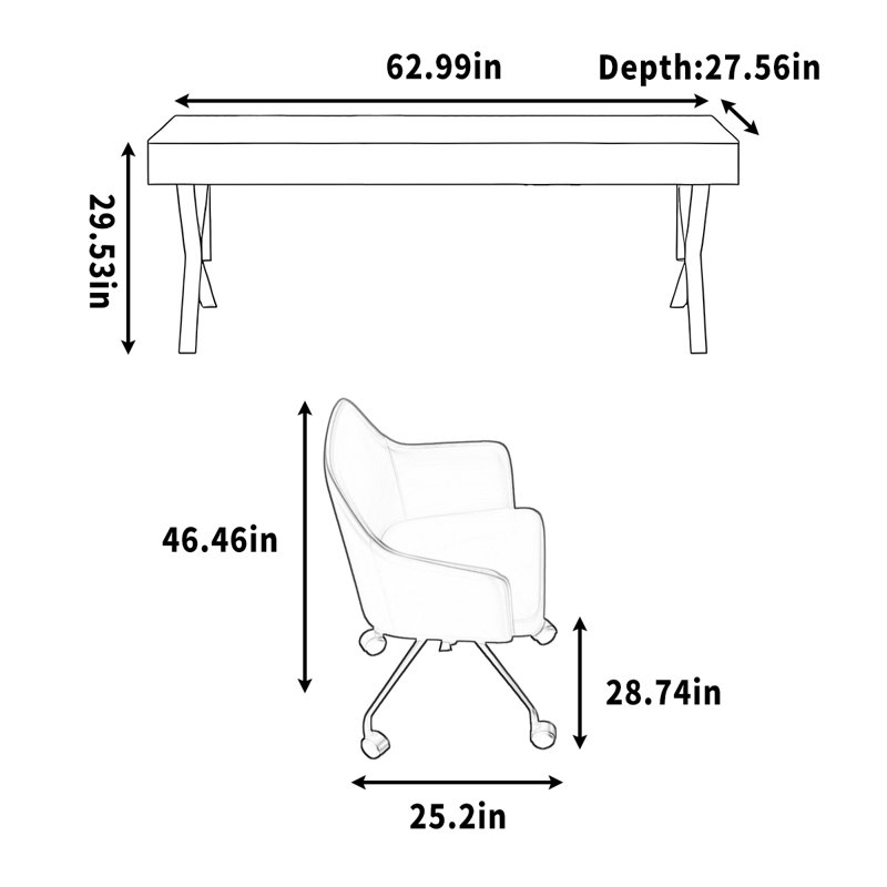 Bureau en bois massif, H 29,53 po x l 62,99 po x P 27,56 po