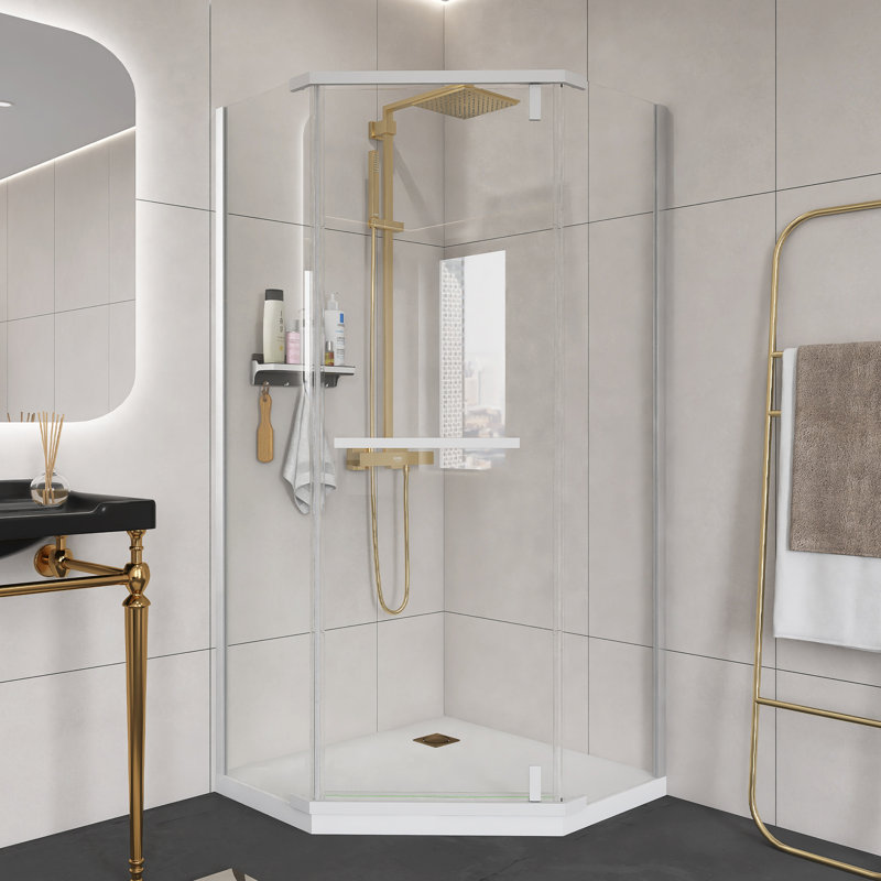 Matte White Finish 34.75 In. X 72 In.Frameless Neo-Angle Pivot Shower Door,With 1/4 Inch Thick Tempered Glass, Matte White