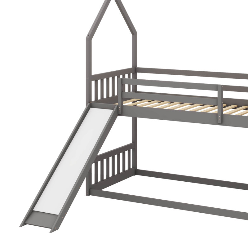 Lit superposé simple au dessus d'un lit simple avec glissière convertible, cadre de lit superposé bas en bois avec garde-corps