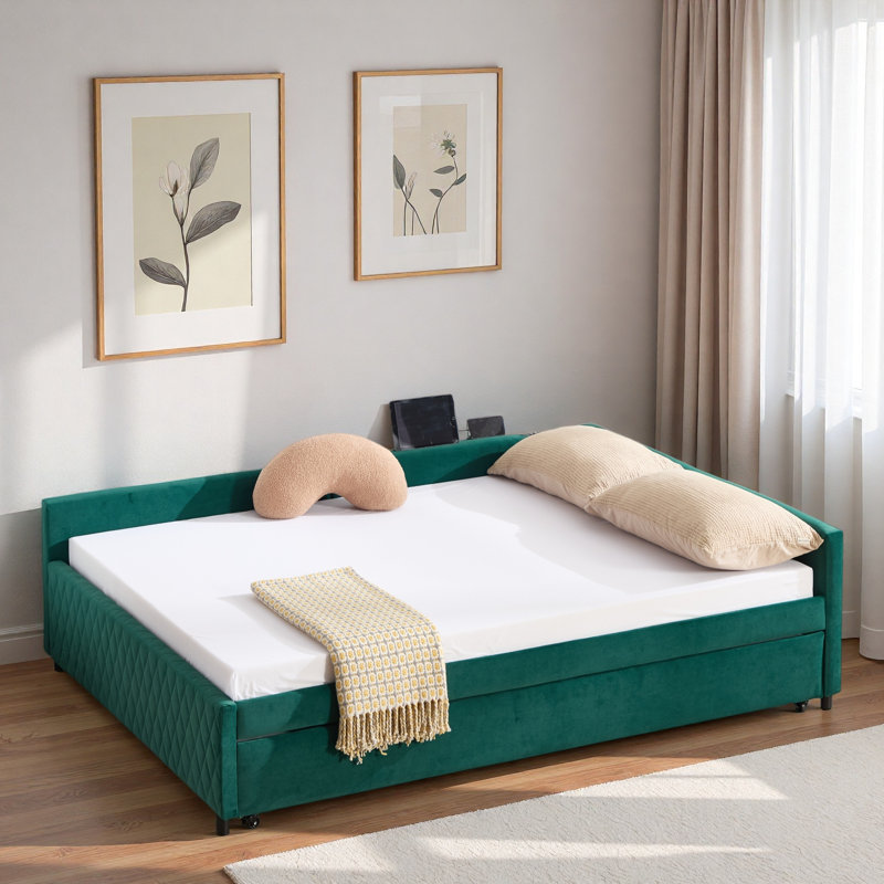Upholstered Daybed With Trundle And Usb, Emerald