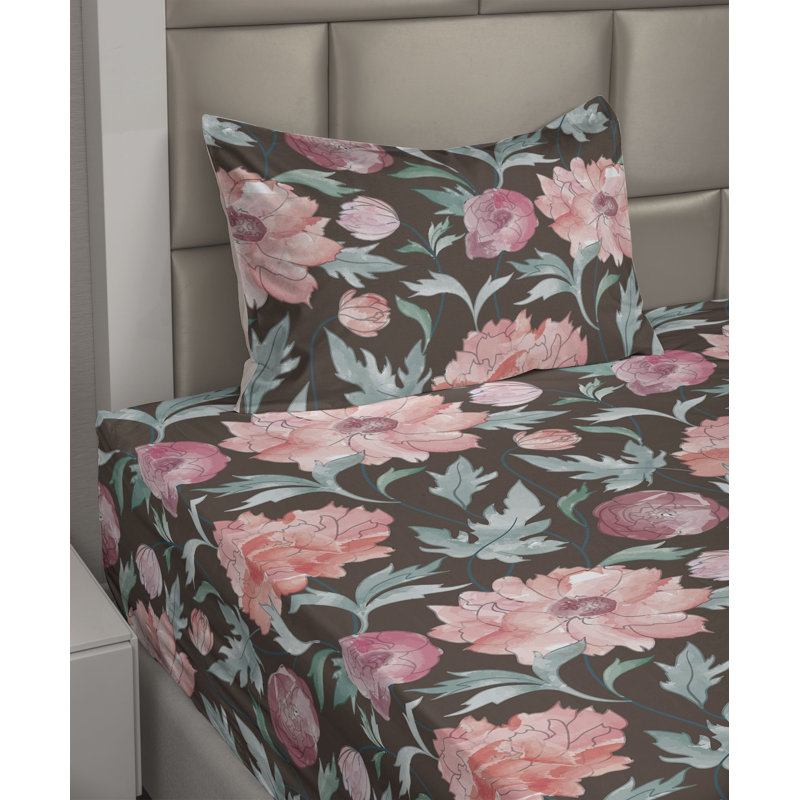 Ambesonne Watercolor Botany Sheet Set 4 Pcs Retro Boho Bloom, Twin Sheet Set with 1 Pillowcase