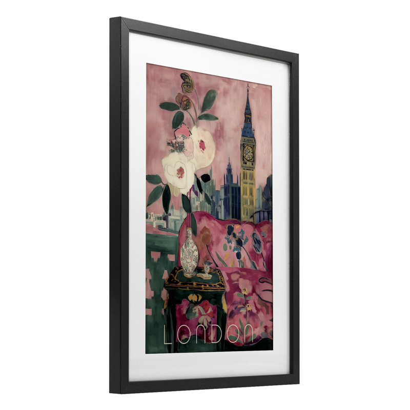 «London Spring Blossoms», reproduction sous verre encadrée, design par Annabelle Hall, H 20 po x l 14 po, Cadre noir minuit