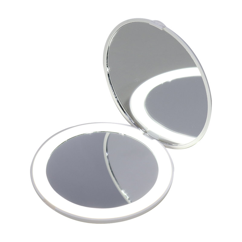 Infinity LED Compact Mirror with Strip Light, Bifold Wireless Compact Mirror with Magnifying Glass, White