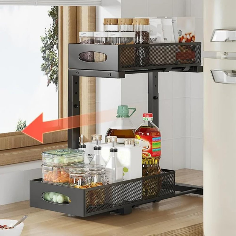 Rangement à 2 niveaux sous évier et rangement, organisateur d'armoire de cuisine polyvalente avec tiroir coulissant et crochets, en forme de L robuste