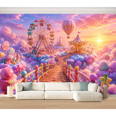 Wall Mural Peel and Stick Wallpaper Fantasy Candyland Ferris Wheel Hot Air Balloon Carousel Sunset Self-Adhesive Removable Contact Paper Wall Decor for Living Room Bedroom 100"H x 144"W