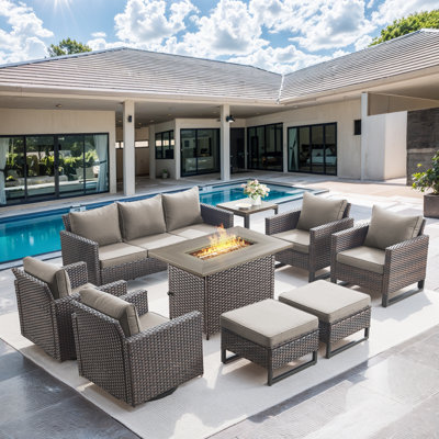 Ingvald 9- Pieces Outdoor Wicker Patio Sofa Seating Group with Fire Pit, Ottomans and Cushions