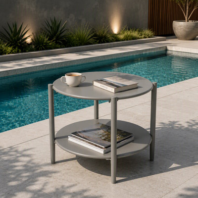 Table d'appoint ronde en métal, table de patio à 2 niveaux résistante aux intempéries avec tablette de rangement pour balcon, porche et salon, assemblage robuste et facile