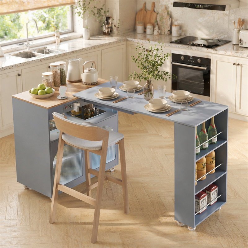 Îlot de cuisine avec table allongée, Gris-bleu