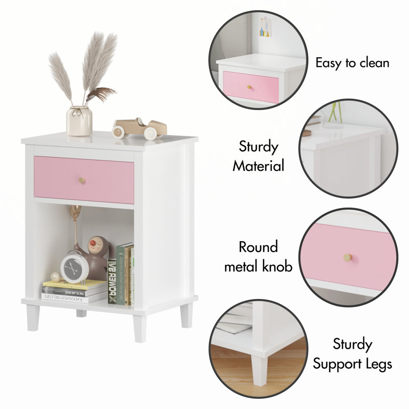 Table de chevet en bois avec un tiroir et une tablette pour enfants et adultes, Rose