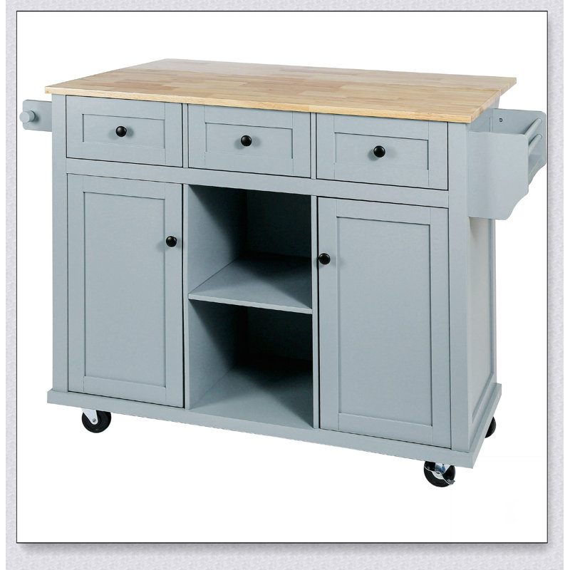 Kitchen Cart with Rubber wood Drop-Leaf Countertop, Cabinet door internal storage racks, Blue
