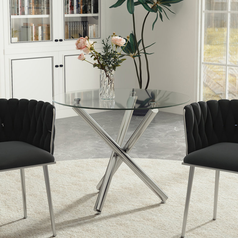 Table de salle à manger ronde en verre trempé, H 29,5 po x L 36 po x l 36 po, Argent
