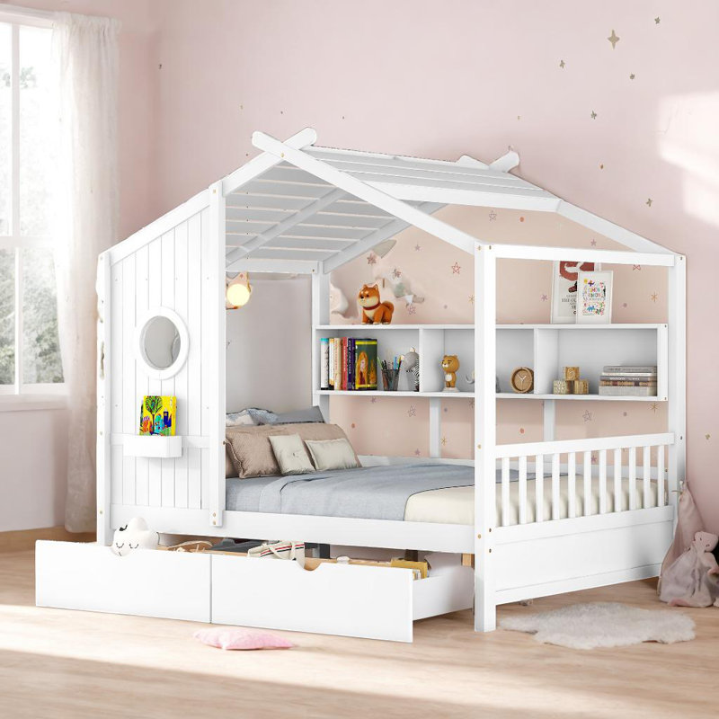 Lit pour enfants avec 2 tiroirs et tablette de rangement, Lit double