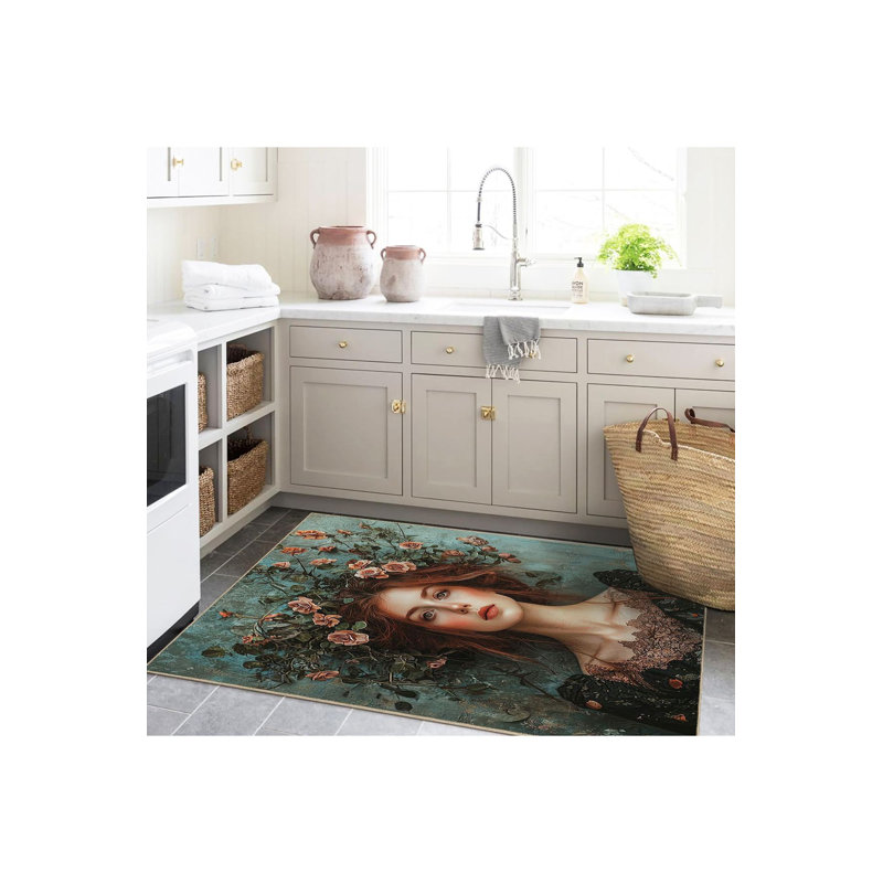 Woman with Floral Crown Pattern Woven Base Modern Decorative Machine Washable Area Rug