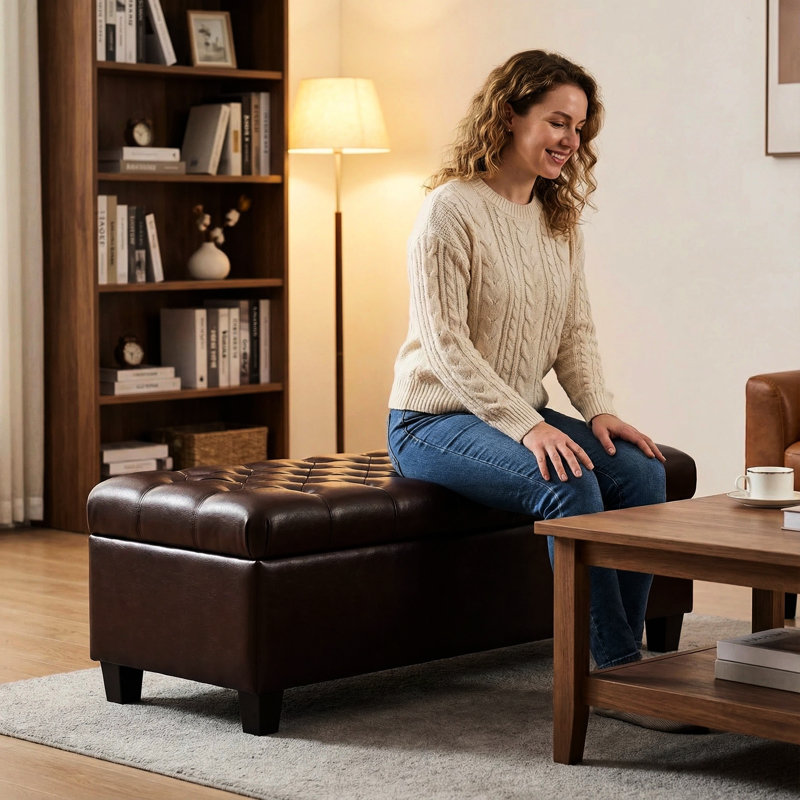 48,94 po brun pour bout de lit, multifonctionnel avec rangement essentiel, charnières de repose-pieds en bois massif, idéal pour le salon et le couloir, avec mousse haute densité