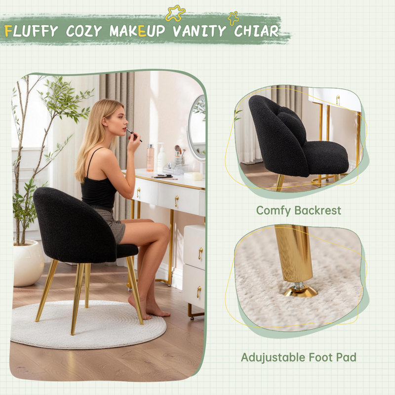 Teddy Vanity Chair With Backrest And Pillow, Cute Small Cozy Desk Chair No Wheels,Comfy Black Makeup Chair with Ajustable Gold Legs