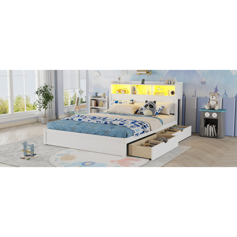 Grand lit avec tiroirs, grand lit en bois avec tête de rangement et armoire de rangement escamotable, lit en bois avec lumière et douille, blanc