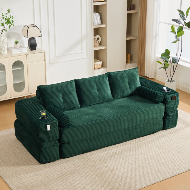 Canapé-lit convertible compact trois places au design minimaliste, Velours côtelé émeraude