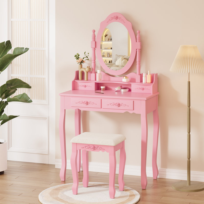Luxurious Vanity Desk Set with Mirror and Cushioned Stool, Pink