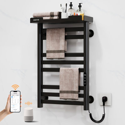 SIOYIE Smart Heated Towel Rack, 160W Wall-Mounted Electric Towel Warmer with Shelf, 8-Bar, Wi-Fi App Control, 1-24H Timer, 115℉-155℉, Low Carbon Steel, IPX5, Plug-in/Hardwired, Black