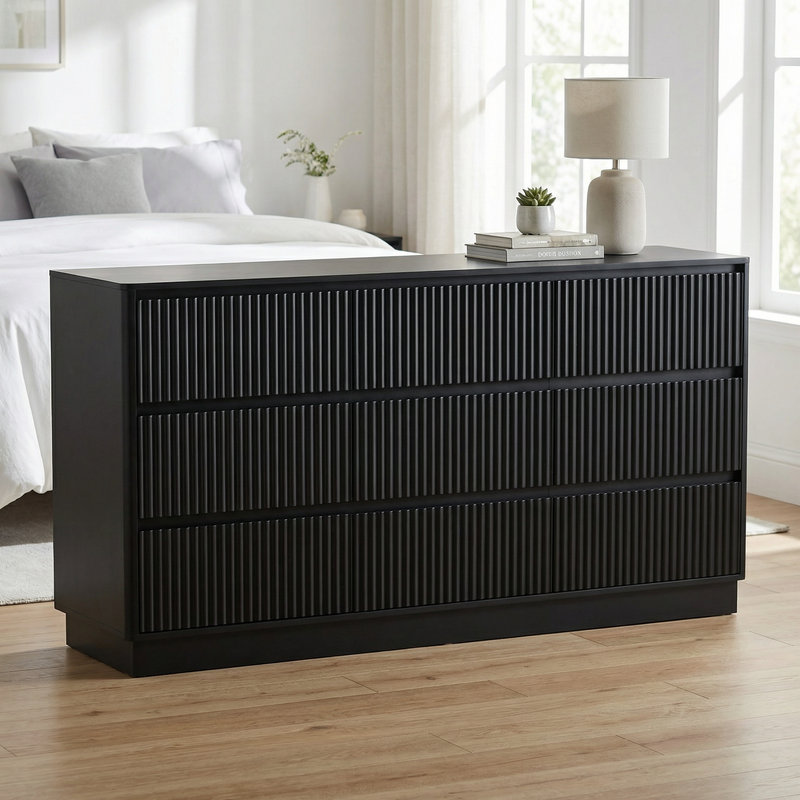 Commode de rangement moderne à neuf tiroirs avec grands tiroirs pour l'organisation de la chambre à coucher et le meuble télé
