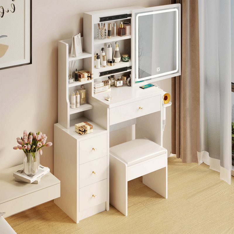 Petite coiffeuse 29,2 po avec tabouret de chevet gauche + tabouret rembourré, 2 blocs d'alimentation CA + 2 ports USB, support pour sèche-cheveux, très grand miroir à DEL coulissant à contrôle tactile, changement de couleur tricolore, réglage de la