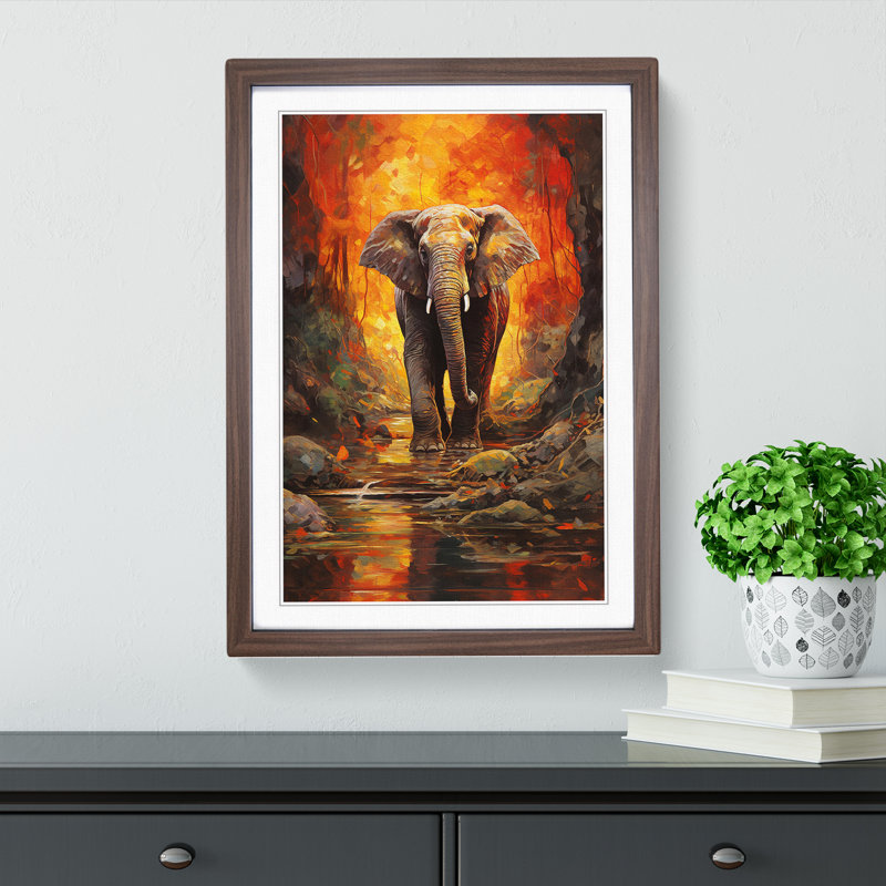 Elephant Expressionism - Single Picture Frame Print on Wood, Walnut, 34cm H x 25cm W x 2cm D