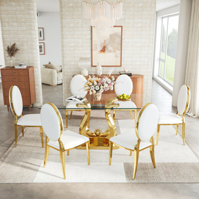 Modern 69" Rectangular Glass Dining Table Set, Tempered Glass Top, Polished Stainless Steel S-Shaped Base, And PU Leather Oval-Back Chairs