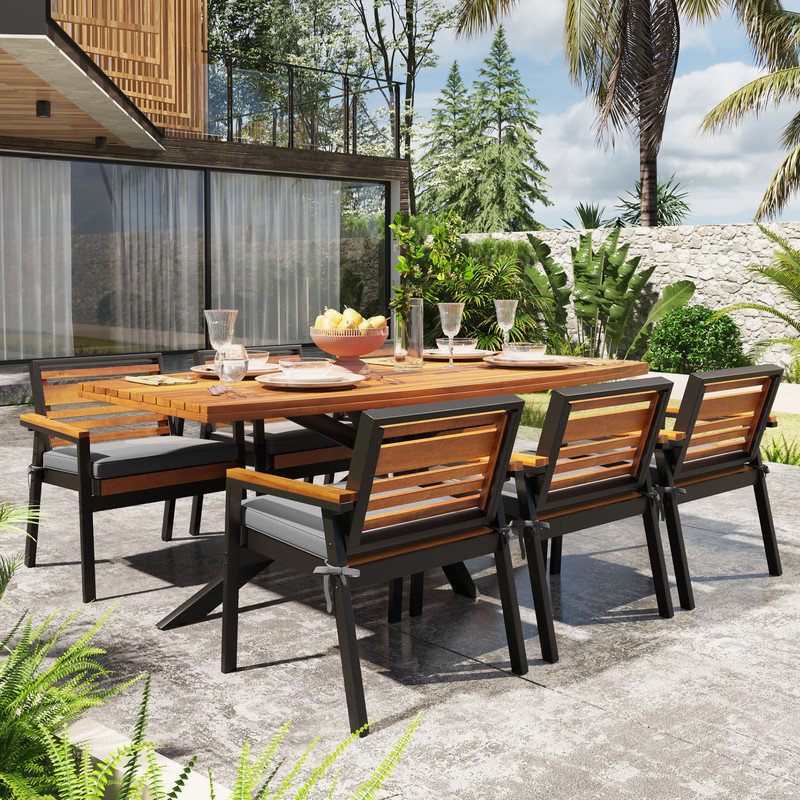 Ensemble de salle à manger moderne 7 pièces en bois d'acacia et en fer, 6 chaises avec coussins amovibles pour patio et salle à manger
