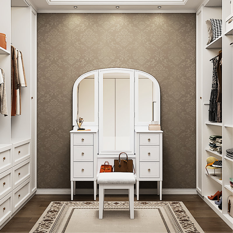 Triple Mirror White Dressing Vanity With 6 - Drawer Arrangement, Stool And Full Length For Bedroom Space Antique Style Makeup Mirror, Storage Solution, Comfortable