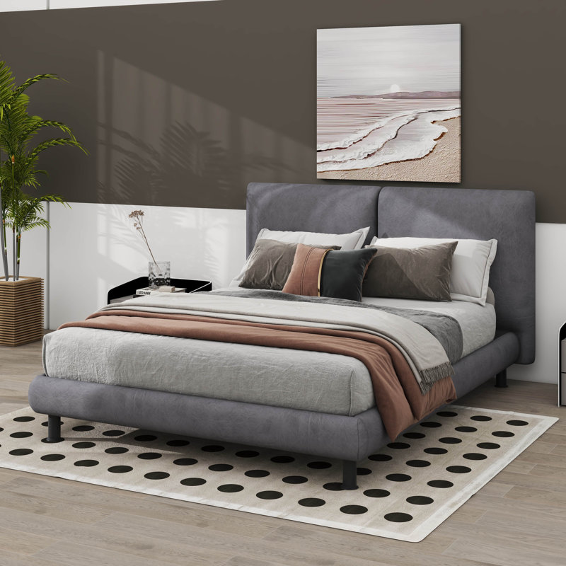  Lit plateforme tapissier Rusell avec deux grands appuis-tête et tissu épais, gris