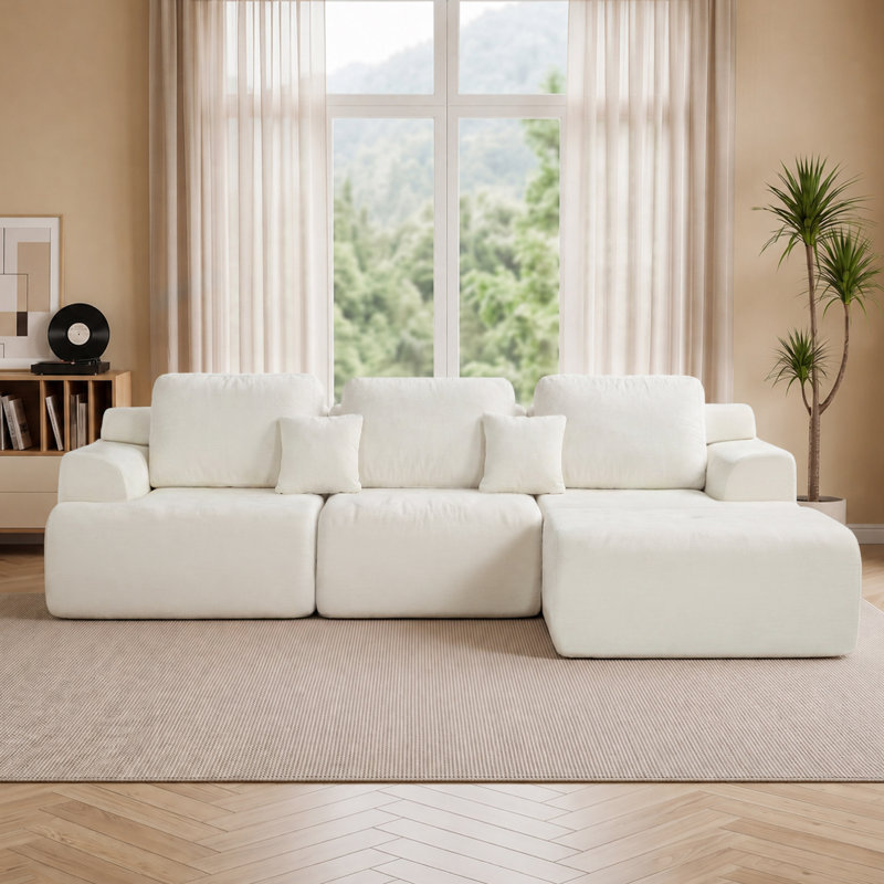 Canapé modulaire en L 118 po avec coussins décoratifs et repose-pieds de 118 po de largeur, White Chenille