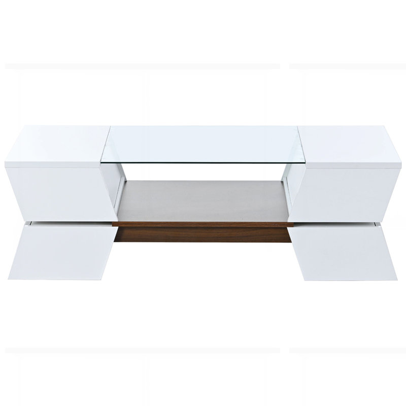 Table basse à plateau en verre avec tablettes ouvertes et armoires, Blanc