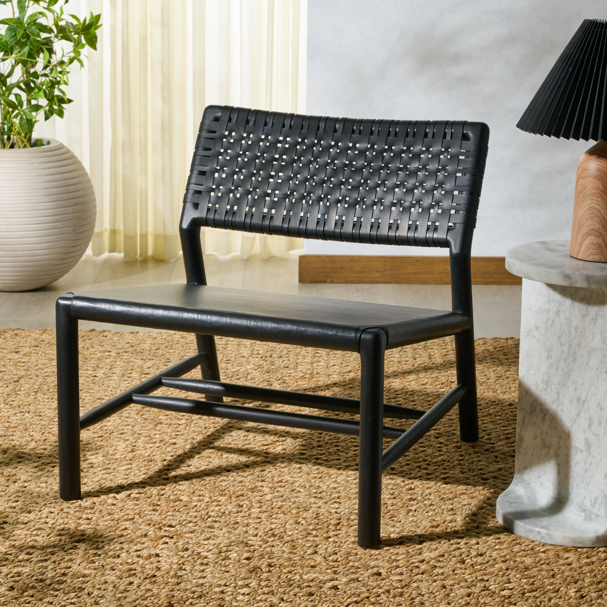 Stowmarket Woven Leather Acccent Chair, Black, Black Leather