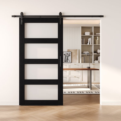 Porte de grange non assemblée et fini en verre à 4 verres de 36 po x 80 po avec quincaillerie Homacer, usage intérieur seulement