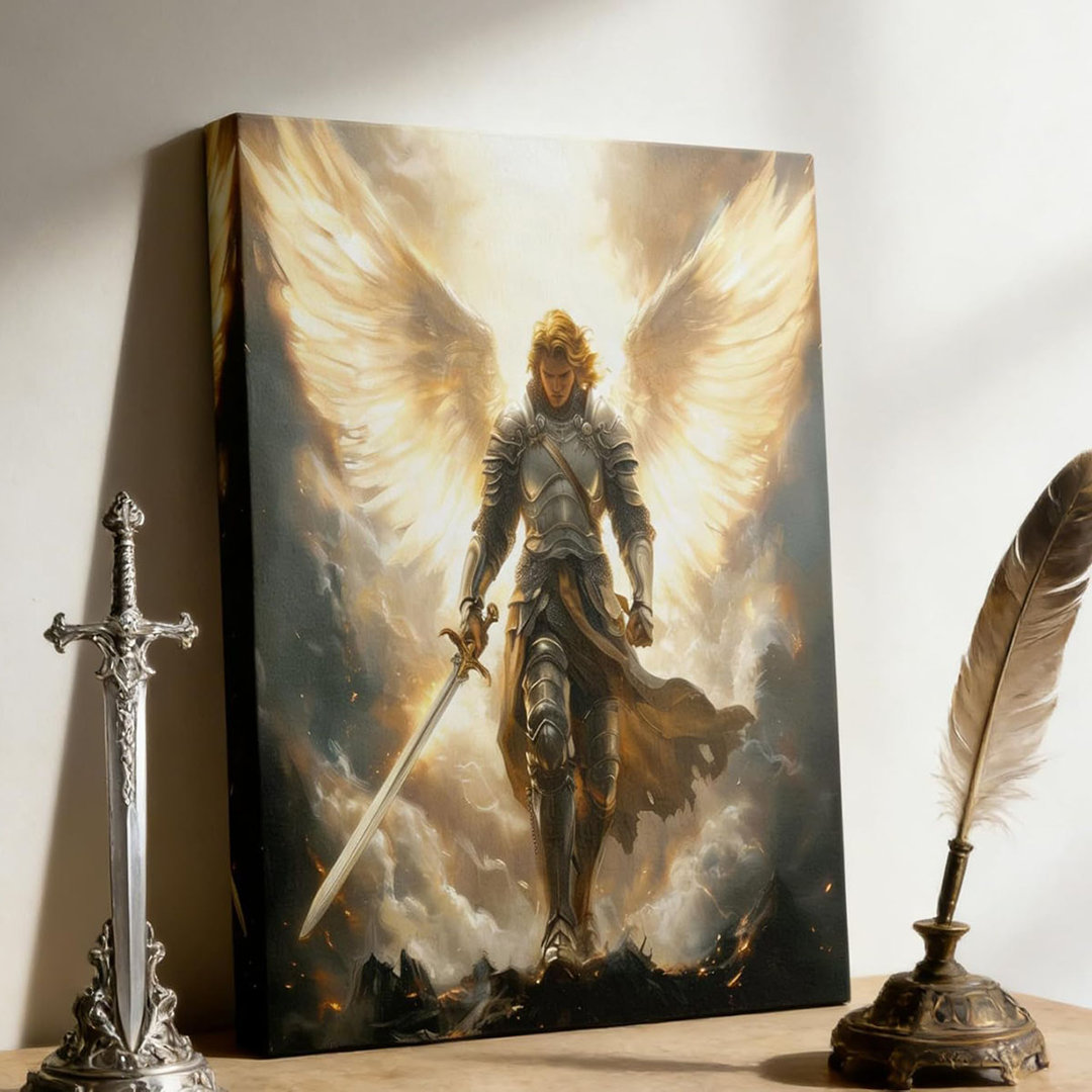 Archangel Michael Canvas Wall Art - 16X24 Inches Framed Angel Warrior With Sword Wall Decor - Religious Spiritual Artwork For Bedroom, Living Room, Of