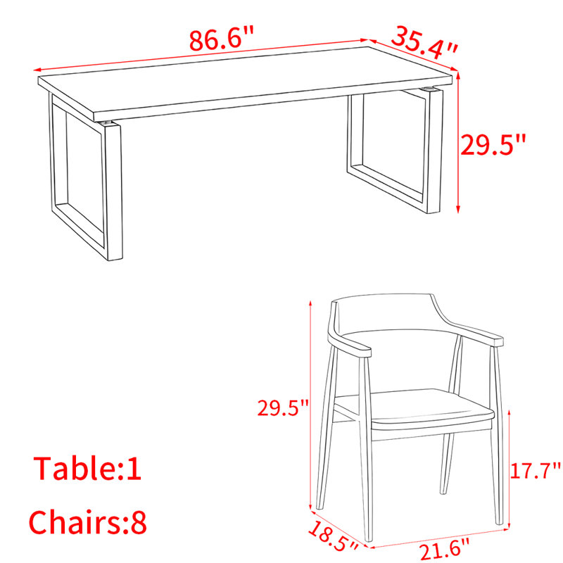 Ensemble de table à manger en bois massif de style français., H 29,5 po x L 86,6 po x l 35,4 po
