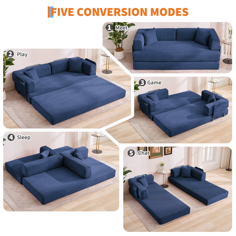 Canapé-lit convertible 5 en 1, canapé-lit modulable en velours côtelé de 200 cm avec structure fixe et mousse haute densité, canapé-lit futon pliable pour salon, chambre, petits espaces, bleu