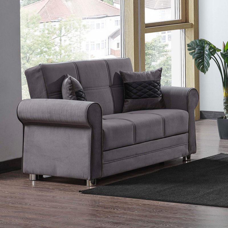 Canapé-lit en tissu avec rangement 3-en-1 Sara, Microfibre grise, H 35,8 po x l 63 po x P 31,5 po