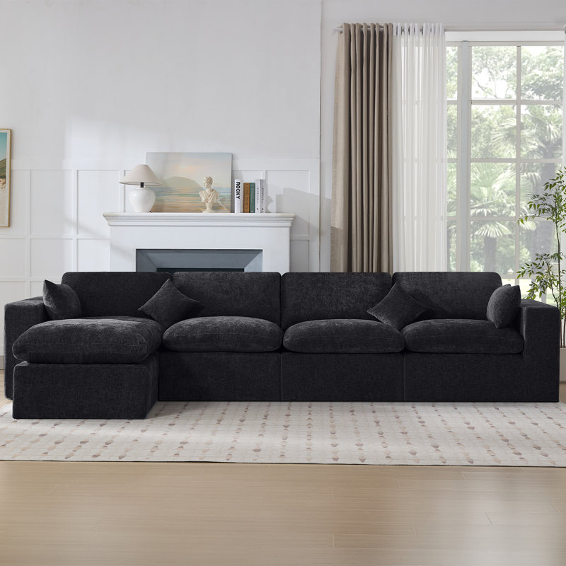 Compression Sectional Couch with Ottoman, Dark Black Chenille, 5